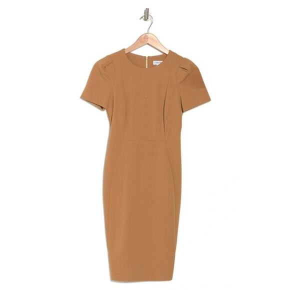Calvin Klein Cap Sleeve Faux Suede Sheath Dress Camel Brown 4 Career Academia - Picture 2 of 10